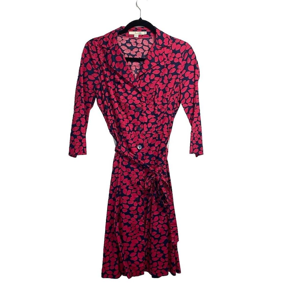 Boden Button Front Midi Dress Women’s 6R Geometric Tie Pink 3/4 Sleeve Stretch
